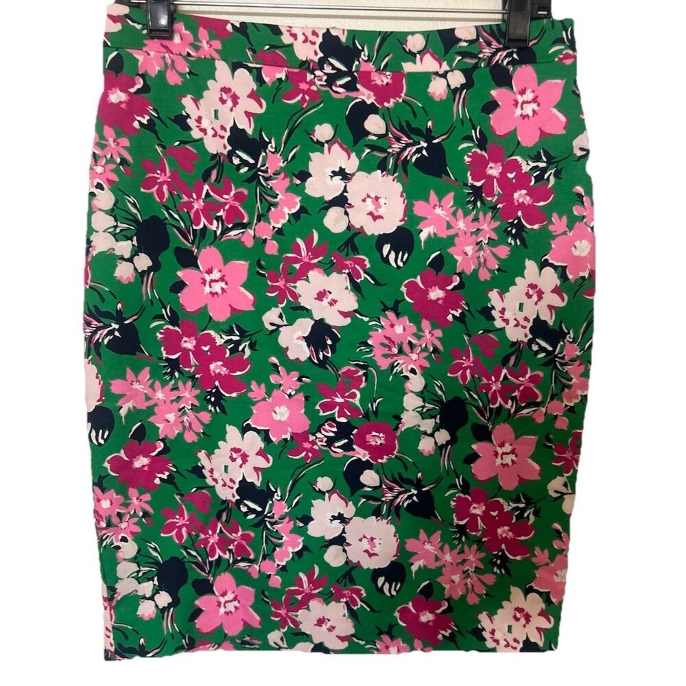 J. Crew Skirt Women’s Size 2 Green Pink Floral Pencil Cotton Lined Knee Length